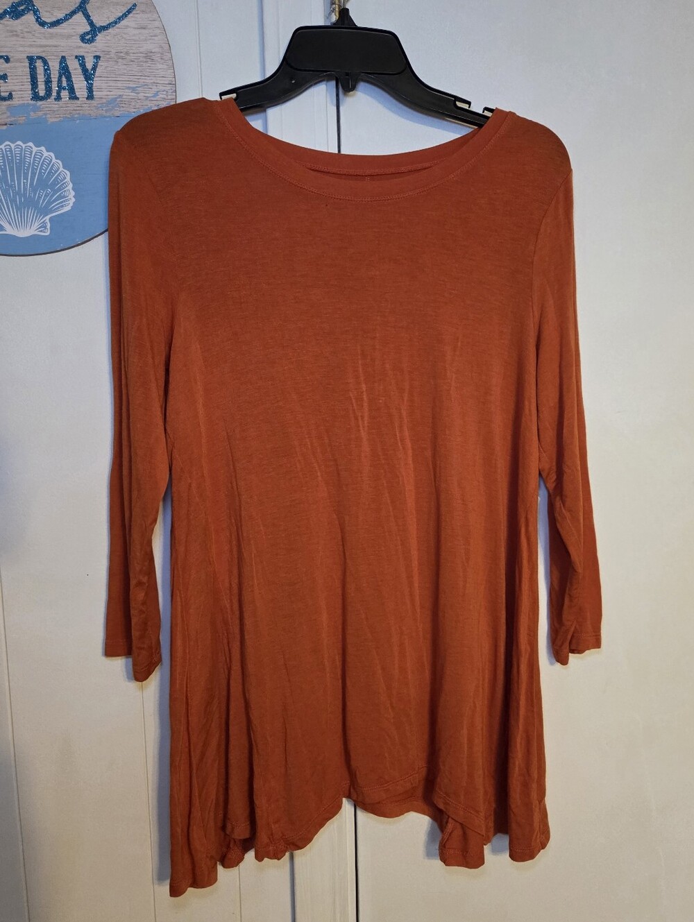 New Directions Rust Knit Tunic Blouse S Stretch 3/4 Sleeve Relaxed Fit